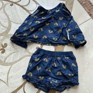 Worn once denim material w rainbows